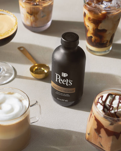 Peet's Ultra coffee concentrate bottle with various coffee drinks